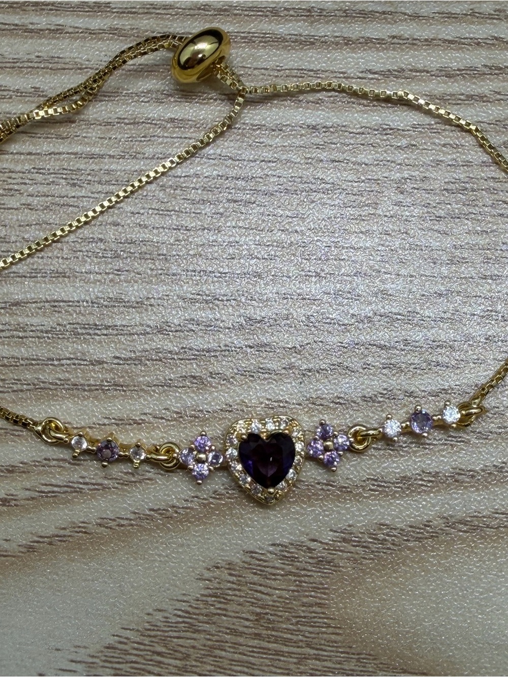 Gold-Plated Heart Bracelet with Purple Gem and Accent Stones